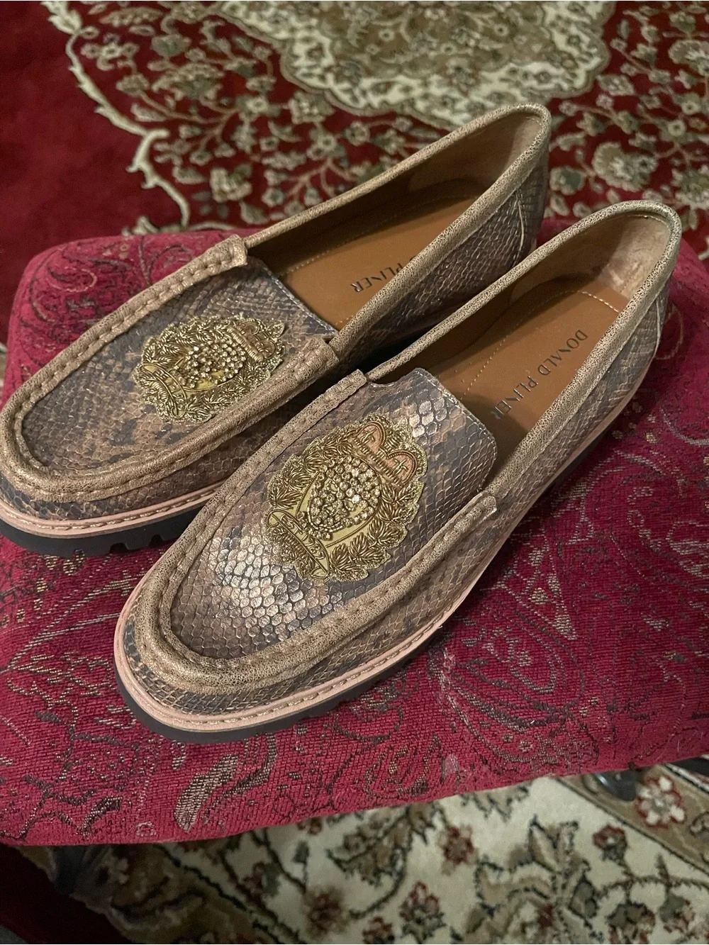 Donald J. Pliner Men's Brown Snake-Embossed Loafers with Gold Crest